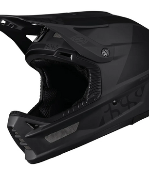 Der IXS Xult DH MTB-Helm in Größe L/XL - schwarz, mit Visier, Belüftung und Struktur-Details, eignet sich ideal für Bikepark-Touren; seitliche Ansicht.
