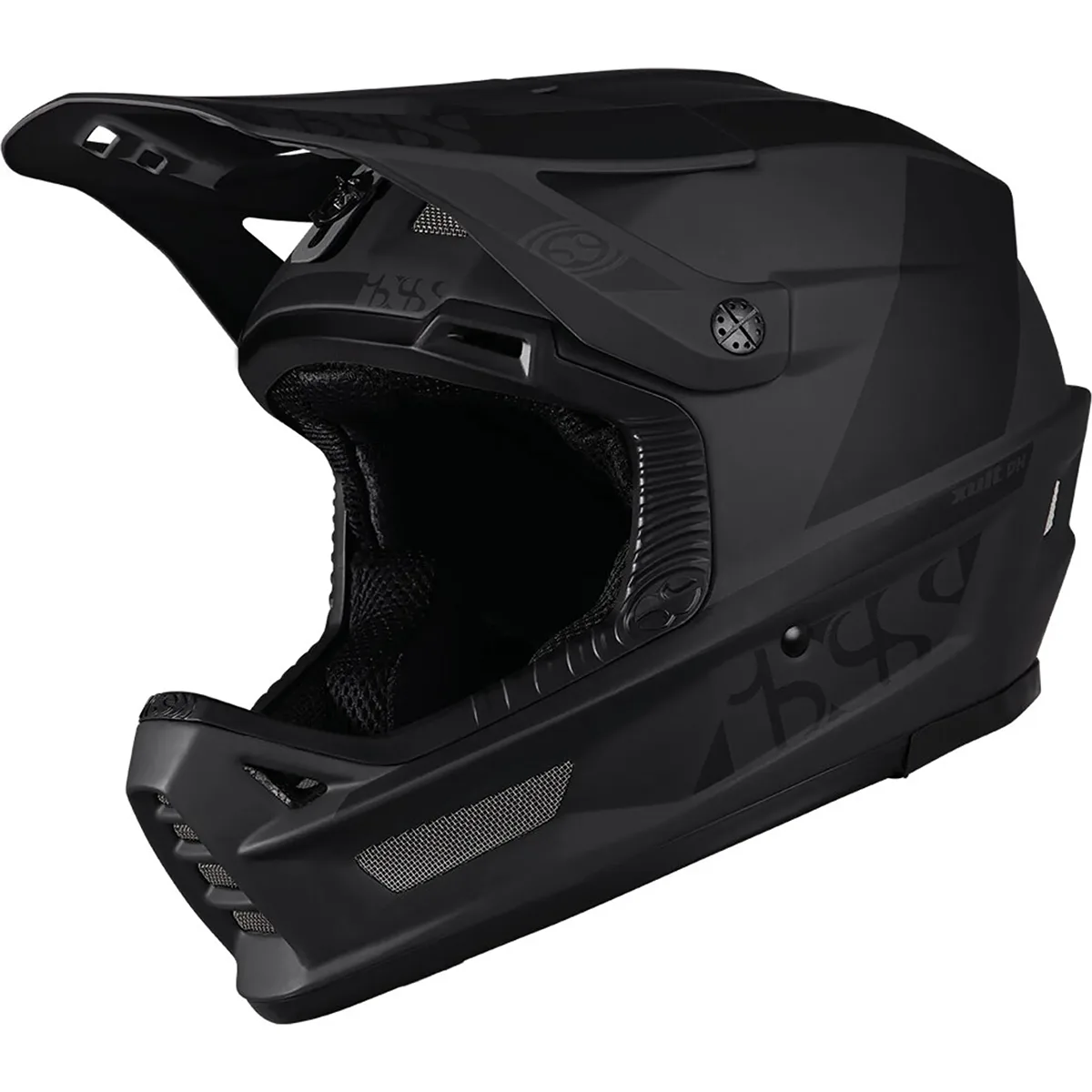 Der IXS Xult DH MTB-Helm in Größe L/XL - schwarz, mit Visier, Belüftung und Struktur-Details, eignet sich ideal für Bikepark-Touren; seitliche Ansicht.