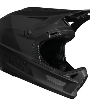 Der IXS Xult DH MTB-Helm in Größe L/XL, schwarz, verfügt über ein mattschwarzes Finish, ein Visier, seitliche Belüftungsöffnungen und eine gepolsterte Innenseite - ideal für Fahrten im Bikepark.