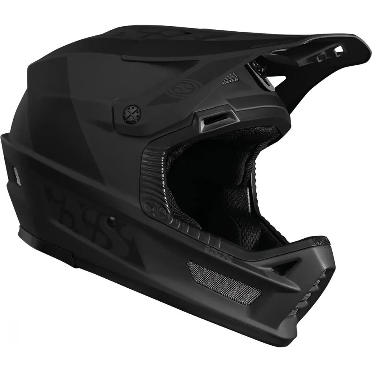 Der IXS Xult DH MTB-Helm in Größe L/XL, schwarz, verfügt über ein mattschwarzes Finish, ein Visier, seitliche Belüftungsöffnungen und eine gepolsterte Innenseite - ideal für Fahrten im Bikepark.