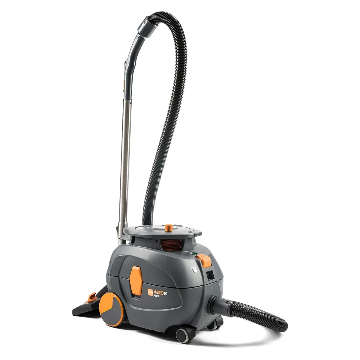 Der TASKI AERO 8 PLUS Bodenstaubsauger von TASKI in Grau ist ein Kanisterstaubsauger mit Schlauch, Rädern, Griff und einem fortschrittlichen HEPA-Filter, abgebildet auf weißem Hintergrund.