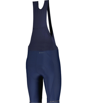 Die Scott Endurance +++ Bibshorts M's Fahrradhose in blau von Scott, entworfen für Langstreckenkomfort mit Schultergurten, wird auf einem schlichten weißen Hintergrund dargestellt.
