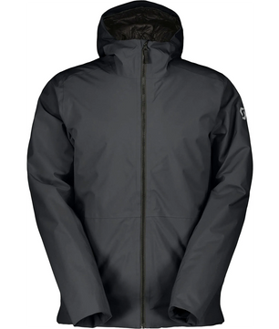 Die Scott Jacket M's Tech Insulated 2L Skijacke Größe L in schwarz von Scott hat einen Frontreißverschluss und lange Ärmel, ideal als wasserdichte Winterjacke, abgebildet auf weißem Hintergrund.
