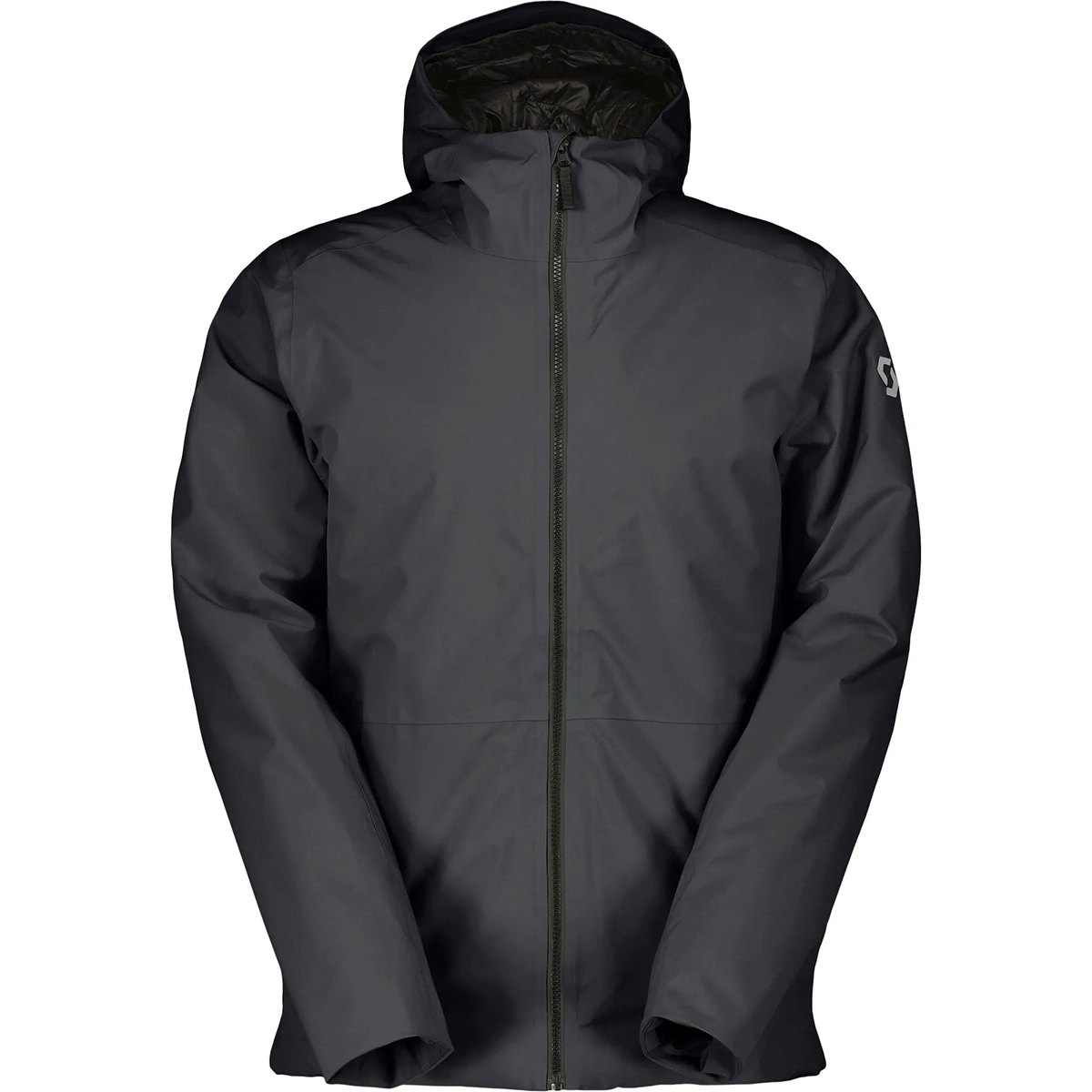 Die Scott Jacket M's Tech Insulated 2L Skijacke Größe L in schwarz von Scott hat einen Frontreißverschluss und lange Ärmel, ideal als wasserdichte Winterjacke, abgebildet auf weißem Hintergrund.