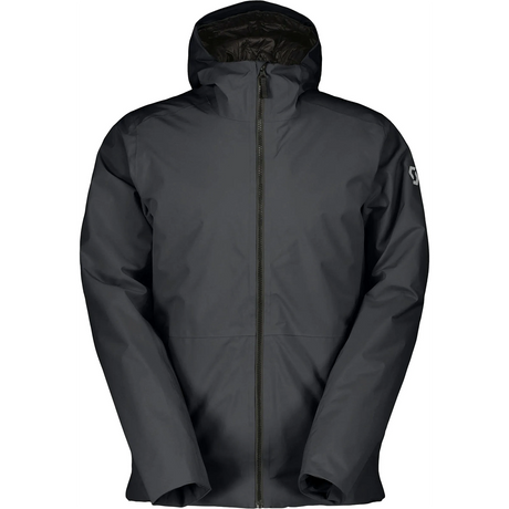 Die Scott Jacket M's Tech Insulated 2L Skijacke Größe L in schwarz von Scott hat einen Frontreißverschluss und lange Ärmel, ideal als wasserdichte Winterjacke, abgebildet auf weißem Hintergrund.