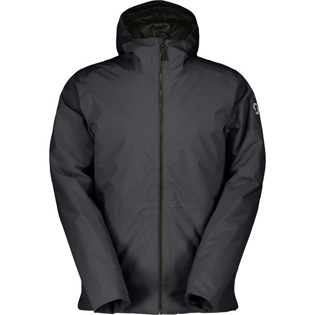 Die Scott Jacket M's Tech Insulated 2L Skijacke Größe L in schwarz von Scott hat einen Frontreißverschluss und lange Ärmel, ideal als wasserdichte Winterjacke, abgebildet auf weißem Hintergrund.