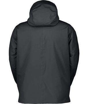 Rückenansicht der Scott Jacket M's Tech Insulated 2L Skijacke in Größe L, schwarz, mit langen Ärmeln vor weißem Hintergrund - diese wasserdichte Winterjacke von Scott ist ideal für kalte Wetterabenteuer.