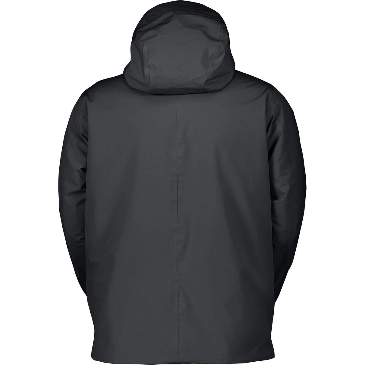 Rückenansicht der Scott Jacket M's Tech Insulated 2L Skijacke in Größe L, schwarz, mit langen Ärmeln vor weißem Hintergrund - diese wasserdichte Winterjacke von Scott ist ideal für kalte Wetterabenteuer.
