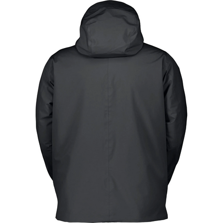 Rückenansicht der Scott Jacket M's Tech Insulated 2L Skijacke in Größe L, schwarz, mit langen Ärmeln vor weißem Hintergrund - diese wasserdichte Winterjacke von Scott ist ideal für kalte Wetterabenteuer.