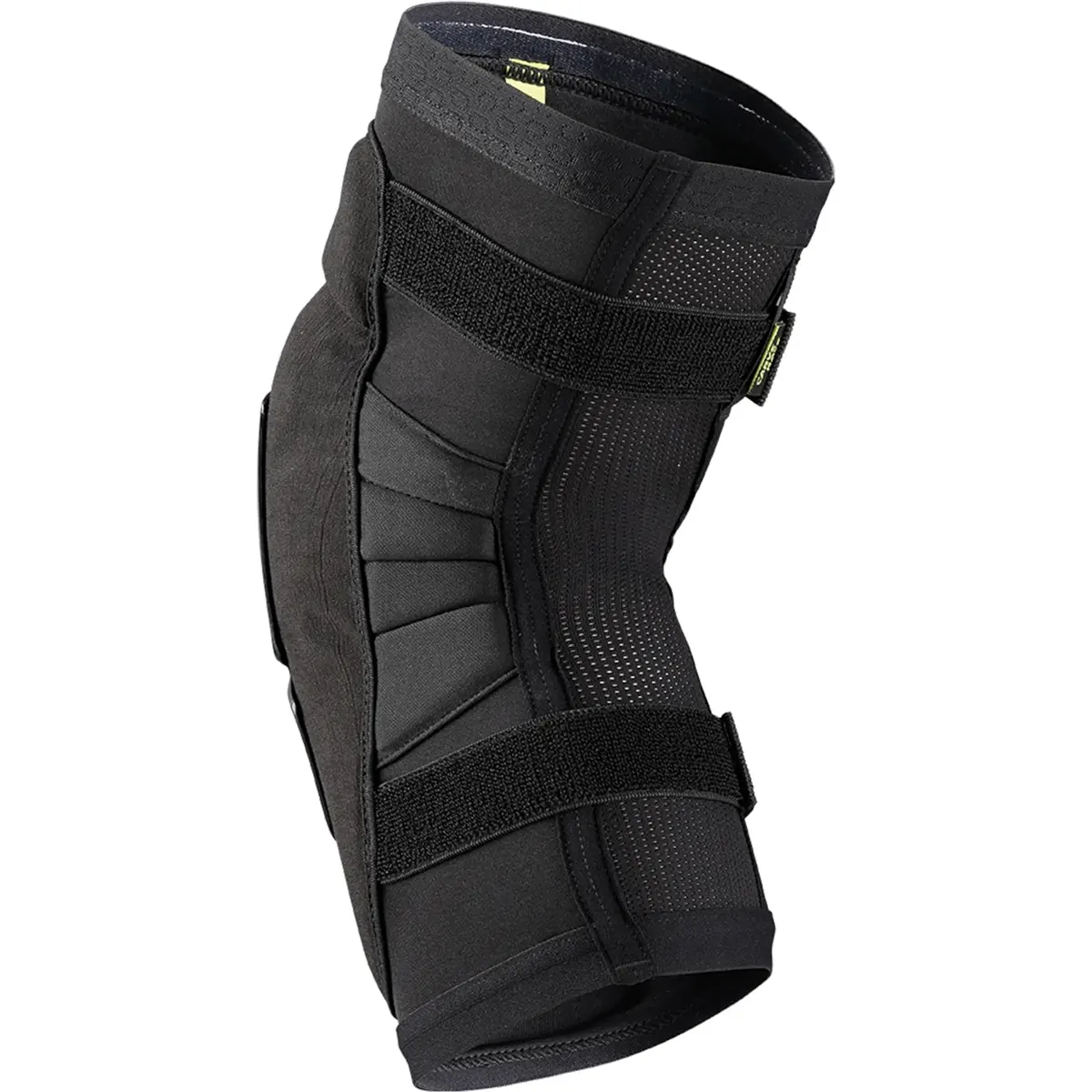 Der IXS Sports Division Carve EVO+ Race Knieschützer in Schwarz, Größe M, verfügt über Klettverschlüsse und gepolsterte Unterstützung. Abgebildet vor einem weißen Hintergrund.
