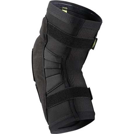 Der IXS Sports Division Carve EVO+ Race Knieschützer in Schwarz, Größe M, verfügt über Klettverschlüsse und gepolsterte Unterstützung. Abgebildet vor einem weißen Hintergrund.