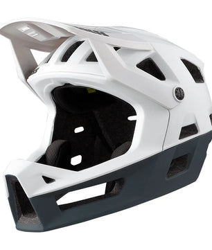 Der weiße IXS Trigger FF MTB-Helm in XS/S, hier in der Seitenansicht auf weißem Grund, ist mit Belüftungslöchern ausgestattet und für All-Mountain-Enduro-Fahrten konzipiert.