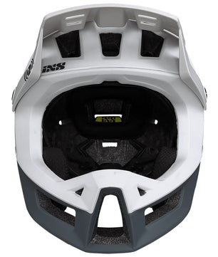 Frontansicht des IXS Trigger FF MTB-Helm Größe:XS/S - weiß, mit mehreren Belüftungsöffnungen und fortschrittlicher All-Mountain-Enduro-Sicherheit von IXS.