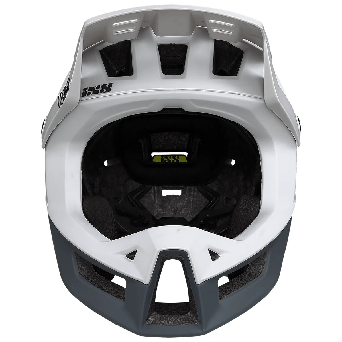 Frontansicht des IXS Trigger FF MTB-Helm Größe:XS/S - weiß, mit mehreren Belüftungsöffnungen und fortschrittlicher All-Mountain-Enduro-Sicherheit von IXS.