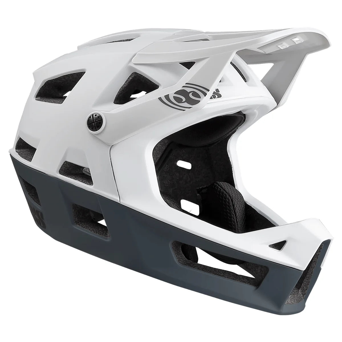 Der IXS Trigger FF MTB-Helm in Größe XS/S, weiß, ist ein All-Mountain-Enduro-Helm von IXS mit großen Belüftungsöffnungen und einem Visier, hier von der Seite.
