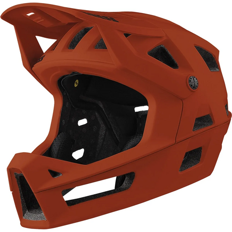 Der IXS Trigger FF MTB-Helm Größe L/XL in orange zeichnet sich durch große Belüftungsöffnungen, ein kantiges Seitenprofil und fortschrittliche Inmould-Technologie für verbesserte Haltbarkeit aus.