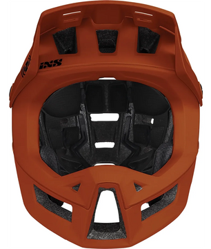 Frontansicht des IXS Trigger FF MTB-Helm Größe:L/XL in orange, mit Inmould-Technologie, Innenpolsterung und Belüftungsöffnungen für mehr Sicherheit und Komfort.