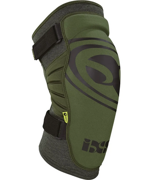 Der IXS Sports Division Carve EVO+ Race Knieschützer in Oliv (Größe S) verfügt über eine grün-schwarze Polsterung, verstellbare Riemen und ein großes Seitenlogo - ideal für Bikepark-Abenteuer.