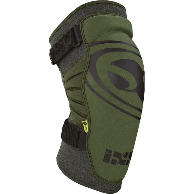 Der IXS Sports Division Carve EVO+ Race Knieschützer in Oliv (Größe S) verfügt über eine grün-schwarze Polsterung, verstellbare Riemen und ein großes Seitenlogo - ideal für Bikepark-Abenteuer.