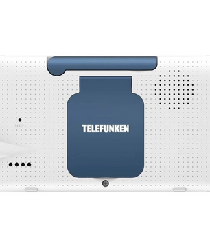 Rückansicht des TELEFUNKEN VM-F600 Video-Babymonitors von Telefunken in weiß mit blauem Panel, Lautsprecheröffnungen und klarer HD-Videoübertragung.