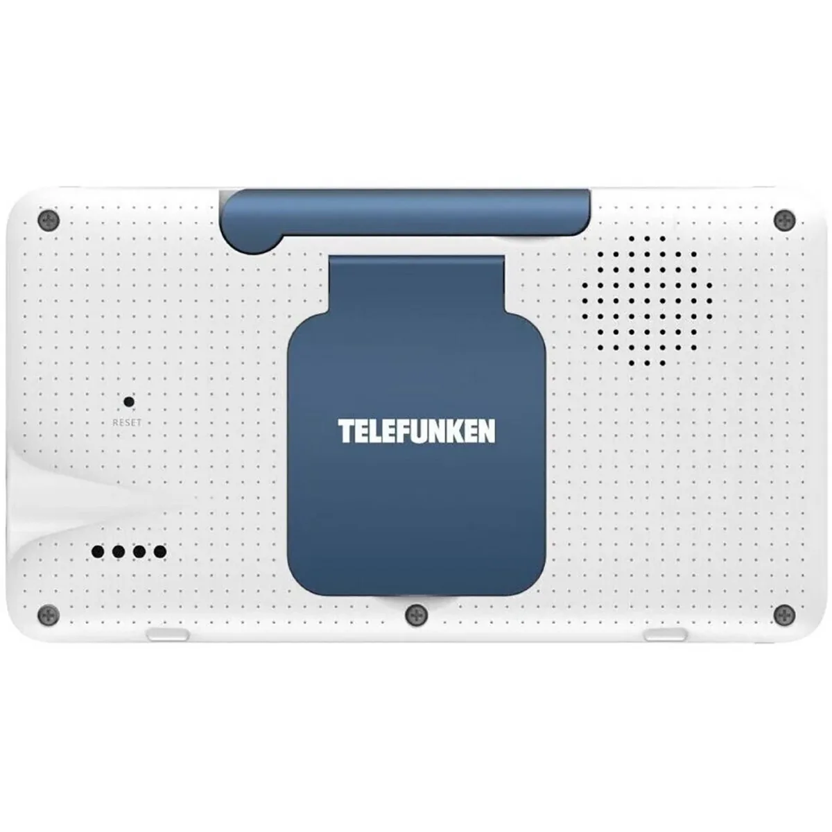 Rückansicht des TELEFUNKEN VM-F600 Video-Babymonitors von Telefunken in weiß mit blauem Panel, Lautsprecheröffnungen und klarer HD-Videoübertragung.