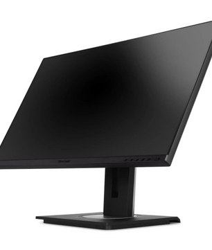 Ein schwarzer ViewSonic VG2448A-2-Monitor – schwarz steht auf einem Ständer, leicht nach rechts geneigt, wobei der Bildschirm ausgeschaltet ist. Dieser 24-Zoll-Full-HD-Monitor von ViewSonic ist als ergonomischer Monitor konzipiert, um optimalen Komfort und Produktivität zu gewährleisten.