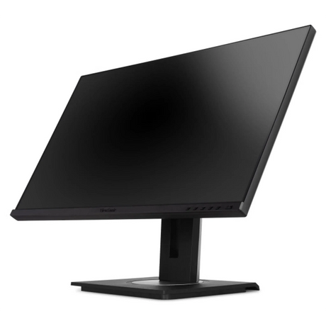 Ein schwarzer ViewSonic VG2448A-2-Monitor – schwarz steht auf einem Ständer, leicht nach rechts geneigt, wobei der Bildschirm ausgeschaltet ist. Dieser 24-Zoll-Full-HD-Monitor von ViewSonic ist als ergonomischer Monitor konzipiert, um optimalen Komfort und Produktivität zu gewährleisten.