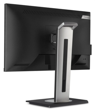 Der ViewSonic VG2448A-2 Monitor in Schwarz ist von hinten zu sehen und zeigt seinen silbernen Standfuß sowie die Anschlüsse auf der Rückseite – ein besonderes Merkmal des modernen, ergonomischen Designs dieses Monitors von ViewSonic.