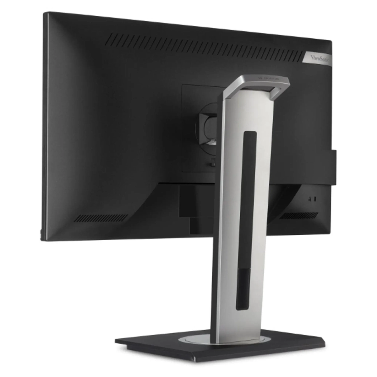 Der ViewSonic VG2448A-2 Monitor in Schwarz ist von hinten zu sehen und zeigt seinen silbernen Standfuß sowie die Anschlüsse auf der Rückseite – ein besonderes Merkmal des modernen, ergonomischen Designs dieses Monitors von ViewSonic.