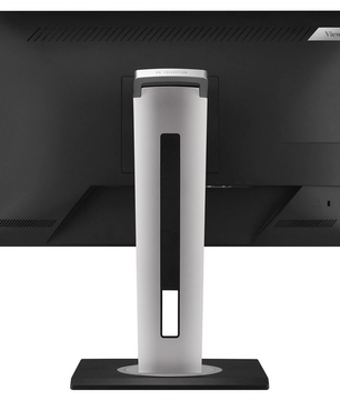 Ein schwarzer ViewSonic VG2448A-2-Monitor – schwarz – ist von hinten zu sehen, wobei sein ergonomischer Monitorfuß und sein Sockel besonders hervorgehoben werden.