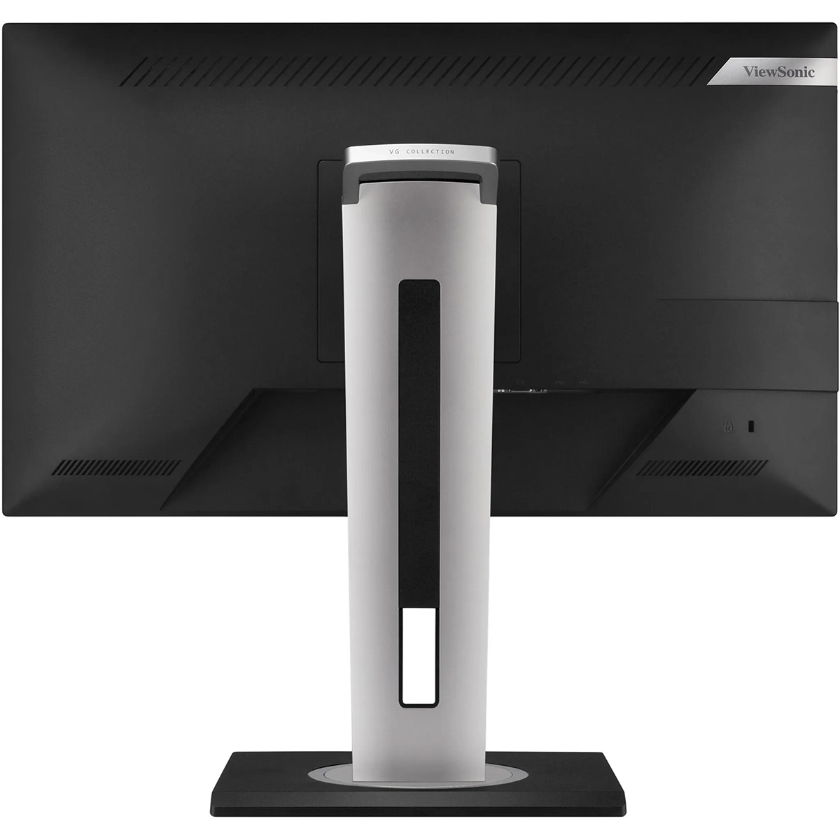 Ein schwarzer ViewSonic VG2448A-2-Monitor – schwarz – ist von hinten zu sehen, wobei sein ergonomischer Monitorfuß und sein Sockel besonders hervorgehoben werden.