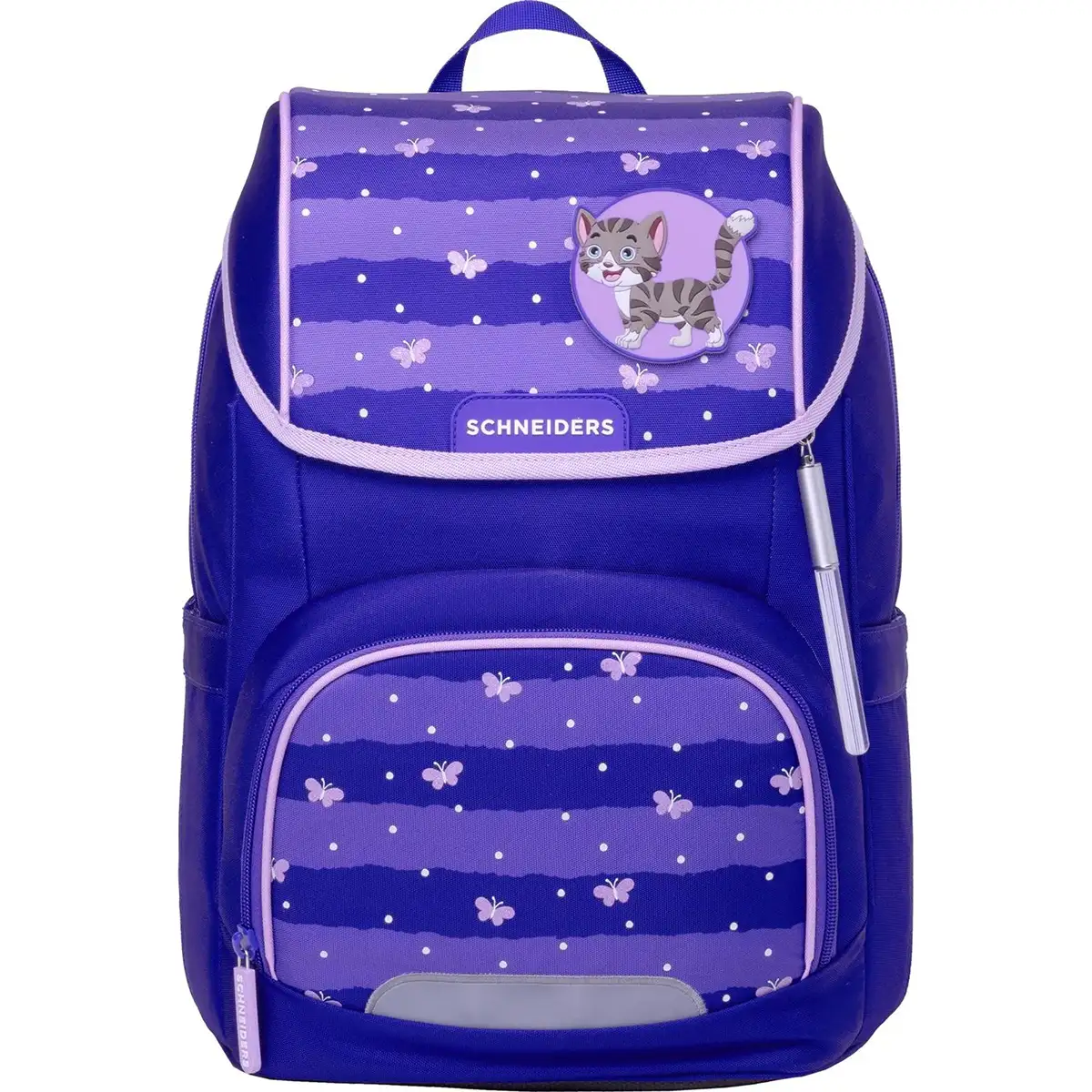 Das Schneiders Ergojet Blissy Butterfly Schulranzen-Set (6-teilig) besteht aus einem lilafarbenen Rucksack mit Katzen- und Schmetterlingsmotiven, ergonomischem Aufbau, Klappverschluss, Frontetikett und Sicherheitsreflektoren.