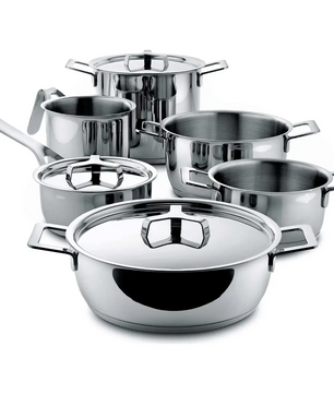 Das Alessi AJM100S9 9er-set Stahltöpfe in Silber der Marke Alessi, induktionsgeeignet, wird auf weißem Hintergrund präsentiert.