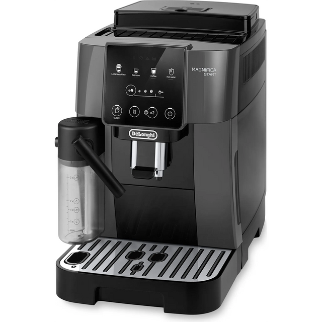 Der schwarze De'Longhi Magnifica ECAM 223.61.GB Kaffeevollautomat verfügt über ein LatteCrema-Milchsystem, einen Milchaufschäumer und ein digitales Bedienfeld.