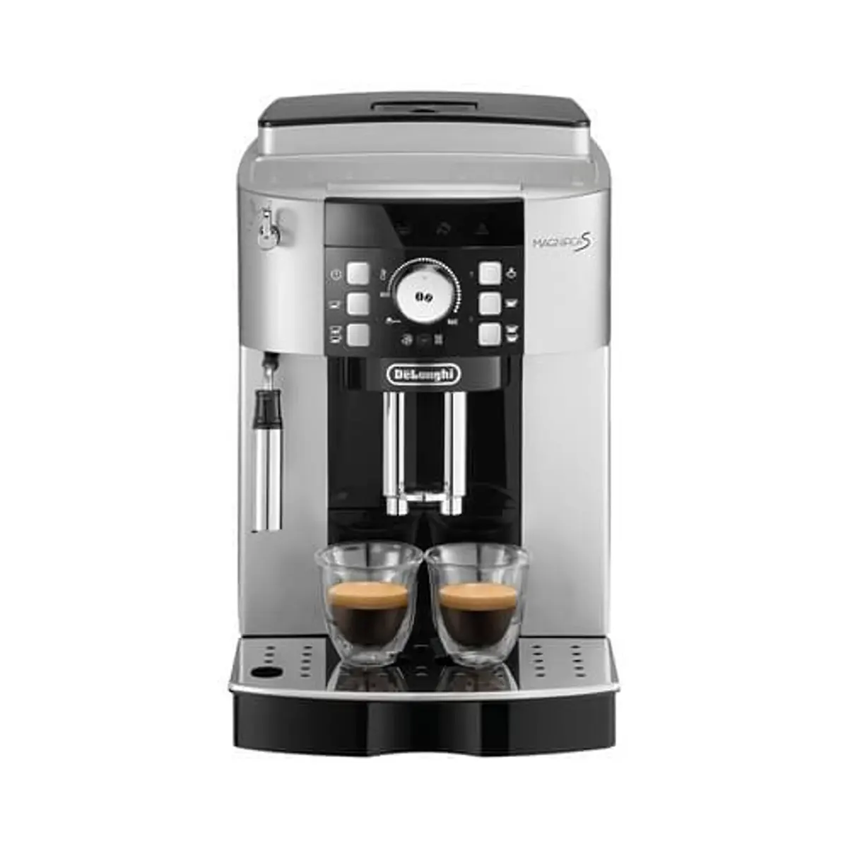 Der De’Longhi Magnifica S ECAM 21.110.SB Kaffeevollautomat in Silber ist eine elegante Espressomaschine von De’Longhi, die zwei Tassen vollmundigen Espresso zubereiten kann und über eine benutzerfreundliche Bedienung sowie einen praktischen, nach vorne gerichteten Milchaufschäumer verfügt.