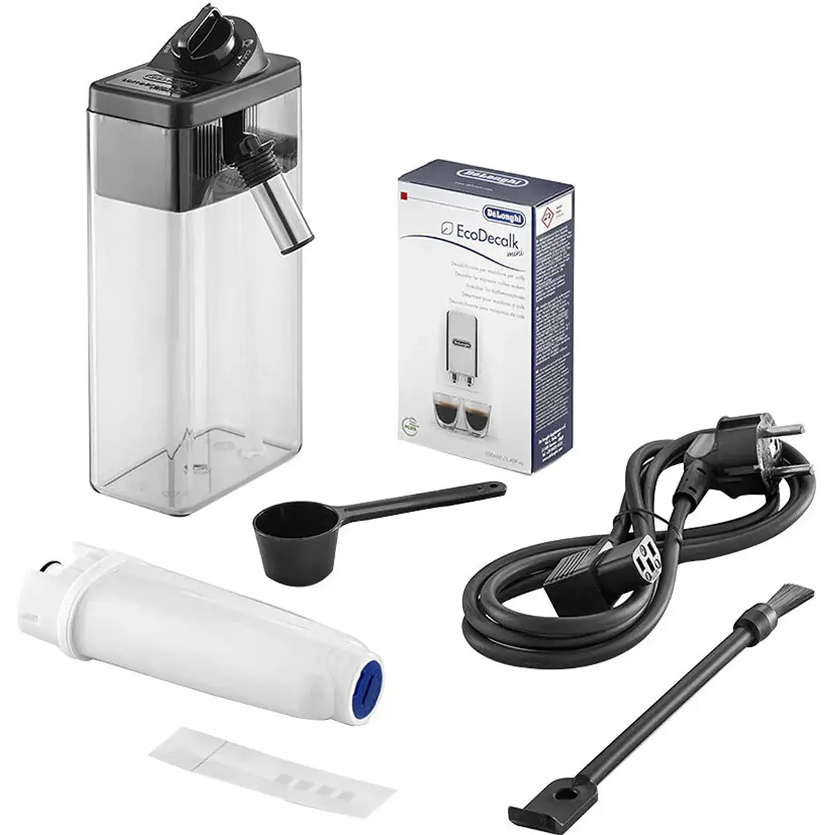 De’Longhi-Milchaufschäumkanne, Filter, Netzkabel, Messlöffel, Reinigungsbürste und EcoDecalk-Box für Ihren De’Longhi ECAM 356.57.B Dinamica Kaffeevollautomaten mit LatteCrema-Milchaufschäumsystem vor weißem Hintergrund.