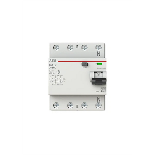 Weißer AEG POWER SOLUTIONS FN463/A30 FI-Schutzschalter von AEG mit vier Anschlüssen, einer Prüftaste und einem Schalter auf schlichtem Hintergrund – dient als FI-Schutzschalter (Fehlerstromschutzschalter) für erhöhte elektrische Sicherheit.