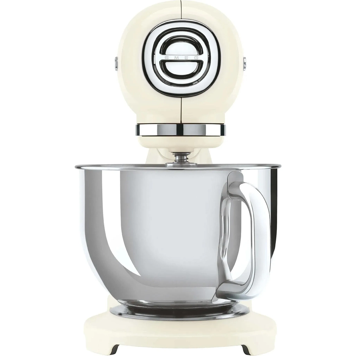 Smeg SMF03CREU Küchenmaschine in Creme mit großer, glänzender 4,8-Liter-Edelstahlschüssel, von vorne im eleganten Retro-Design präsentiert.