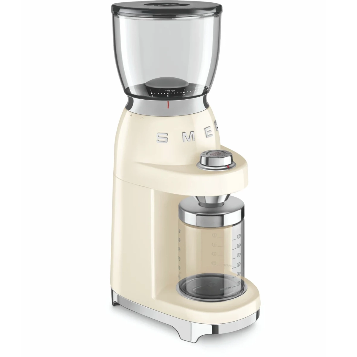 Die Smeg CGF01 Kaffeemühle - Creme verfügt über einen transparenten Bohnen- und Kaffeesatzbehälter und kombiniert 50er-Jahre-Design mit Barista-Qualität, alles in einem eleganten Creme-Finish von Smeg.
