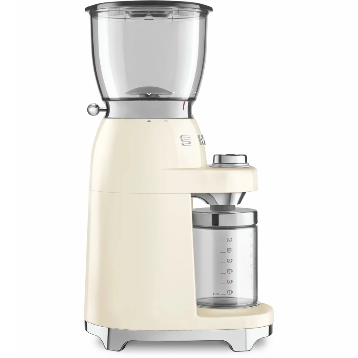 Die Smeg CGF01 Kaffeemühle in Creme überzeugt im 50er-Jahre-Design mit transparentem Bohnenbehälter und klarem Auffangbehälter - stilvoller Kaffeegenuss in Barista-Qualität.
