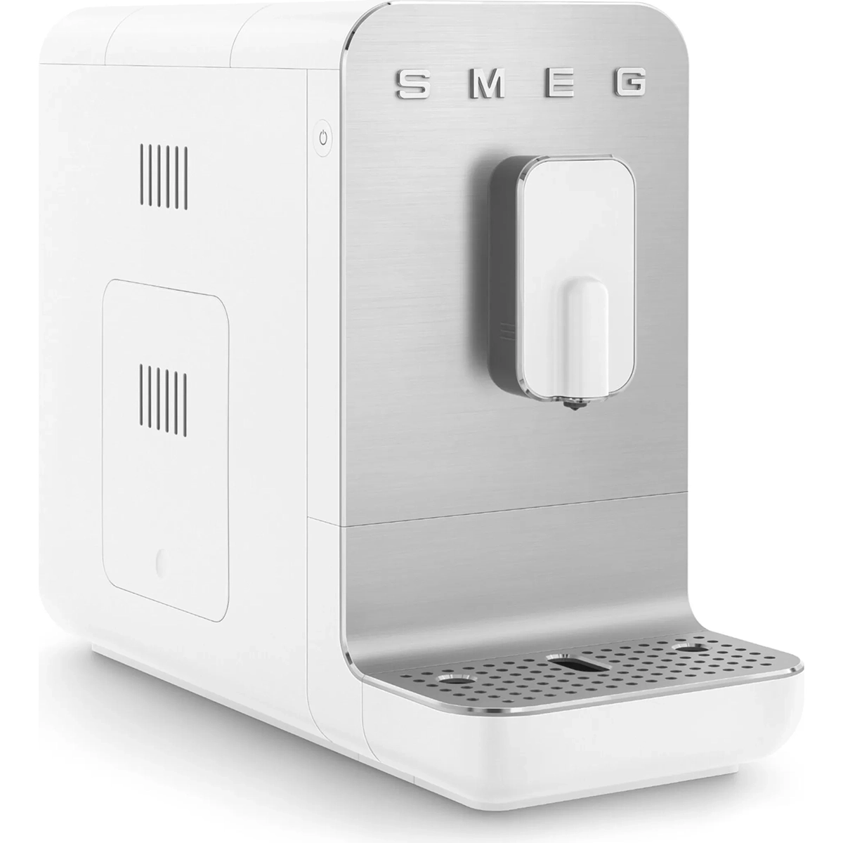 Der Smeg BCC11WHMEU Kaffeevollautomat in elegantem Weiß besticht durch sein minimalistisches Design und das integrierte Edelstahl-Mahlwerk. Er verfügt über eine praktische Auffangschale und stilvolle silberne Akzente – hier aus einem seitlichen Blickwinkel zu sehen. Diese Smeg-Kaffeemaschine ist die perfekte Ergänzung für jede moderne Küche.