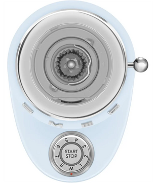 Draufsicht auf die Smeg CGF03PBEU Kaffeemühle in elegantem Blau, mit einem Drehregler mit der Aufschrift „START STOP“ und einem großen, zentralen Metallaufsatz – perfekt zum Mahlen von Kaffeebohnen im typischen Smeg-Retro-Stil.
