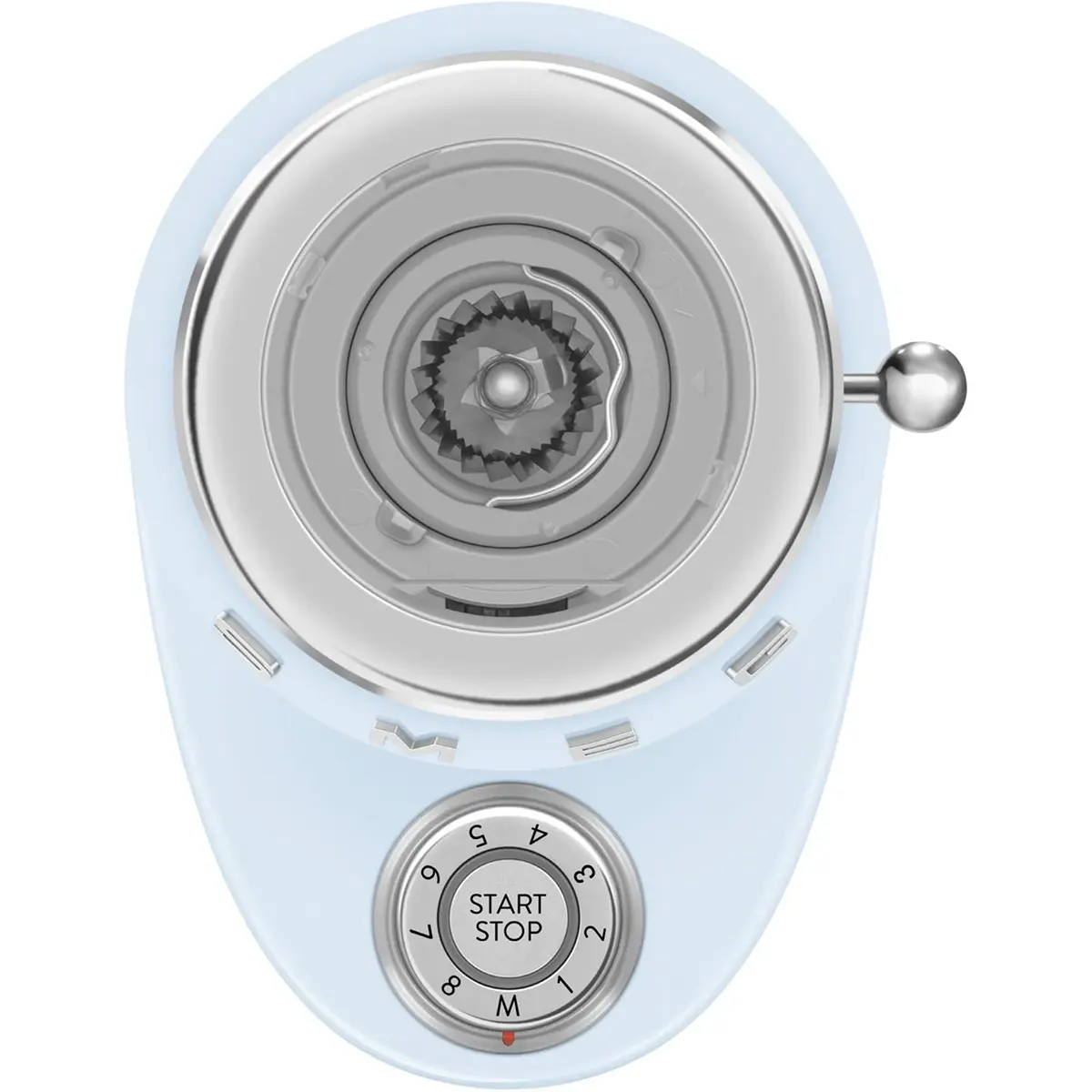 Draufsicht auf die Smeg CGF03PBEU Kaffeemühle in elegantem Blau, mit einem Drehregler mit der Aufschrift „START STOP“ und einem großen, zentralen Metallaufsatz – perfekt zum Mahlen von Kaffeebohnen im typischen Smeg-Retro-Stil.