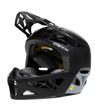 Der Dainese Linea 01 Fahrradhelm in Größe M/L, schwarz, ist ein Vollvisier-Helm mit Kinnschutz und Dainese-Logo - ideal für aggressives Downhill-Mountainbiking.