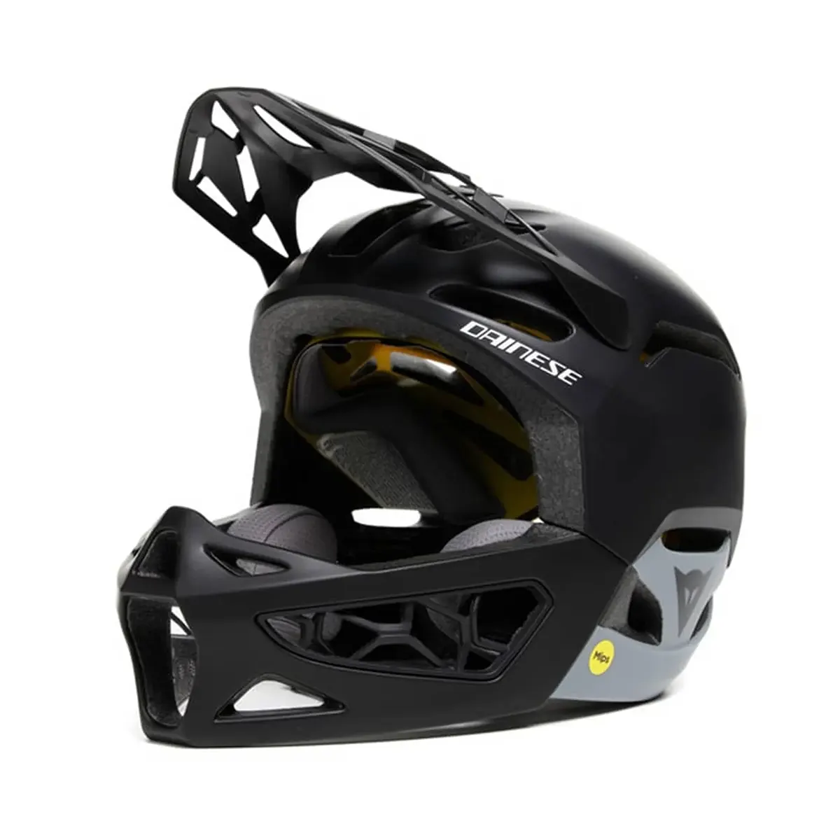 Der Dainese Linea 01 Fahrradhelm in Größe M/L, schwarz, ist ein Vollvisier-Helm mit Kinnschutz und Dainese-Logo - ideal für aggressives Downhill-Mountainbiking.