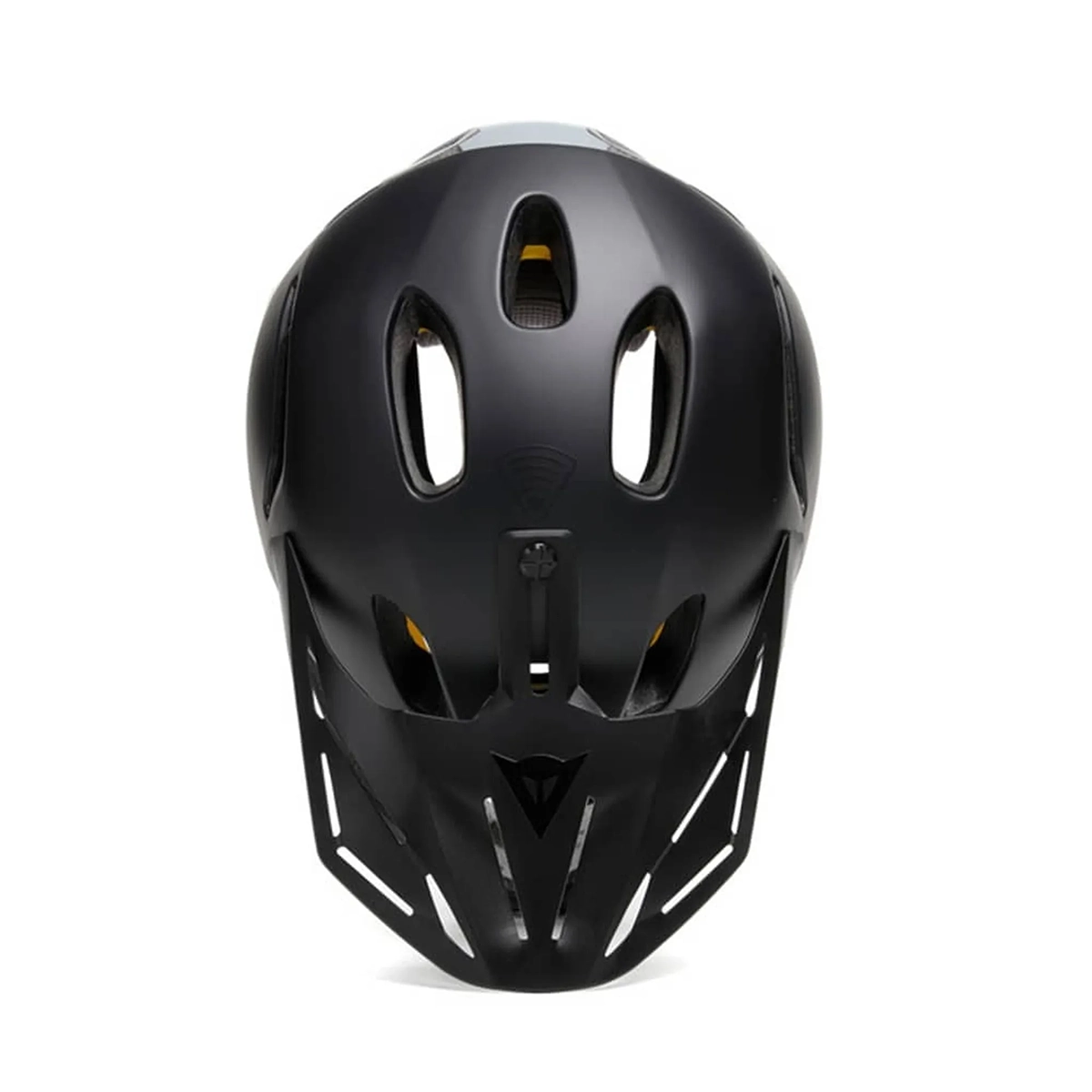 Der Dainese Linea 01 Fahrradhelm in Größe M/L und Schwarz ist ein vollflächiger Fahrradhelm mit Belüftungslöchern, von vorne auf weißem Hintergrund gezeigt.