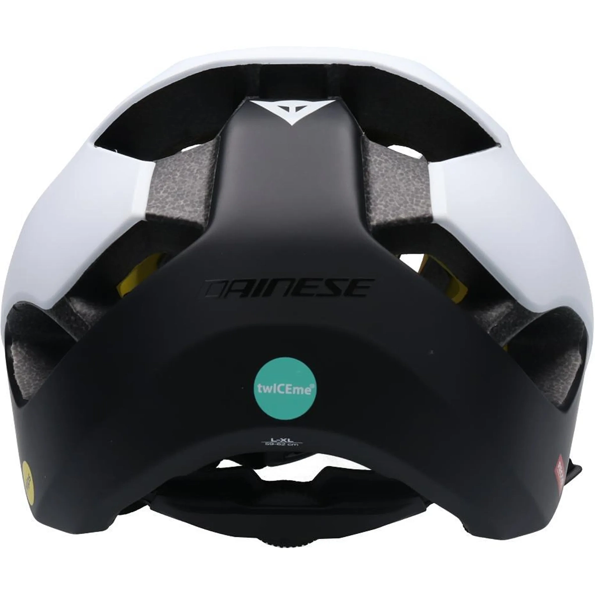 Rückansicht des Dainese Linea 03 MIPS Größe: S/M - weiß Mountainbike-Helm, mit sichtbarem Dainese-Logo, Belüftungsschlitzen und fortschrittlicher MIPS-Technologie für verbesserten Schutz.