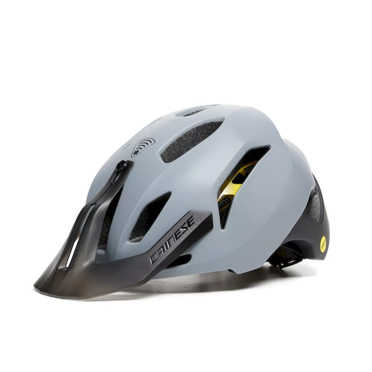 Der Dainese Linea 03 MIPS in grau (L/XL) hat ein mattgraues Finish, ein schwarzes Visier, Belüftungslöcher und das ikonische Dainese-Logo - ideal für MTB-Touren und erhöhte Sicherheit durch die MIPS-Technologie.