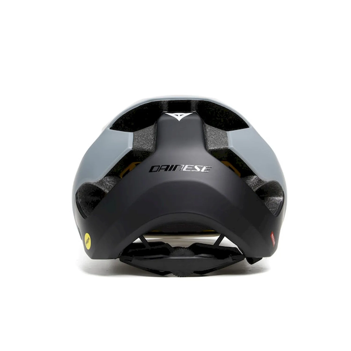 Rückansicht des Dainese Linea 03 MIPS-Helms in Grau, Größe L/XL, mit Belüftungsöffnungen, sichtbarem Dainese-Logo und MIPS-Technologie für mehr Sicherheit - ideal für anspruchsvolle Mountainbike-Touren.