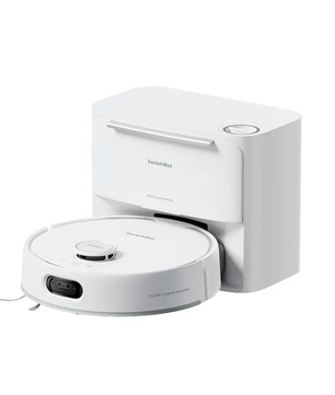 Ein SwitchBot S20 Saug- und Wischroboter – weiß von SwitchBot befindet sich in seiner Lade- und Reinigungsstation.